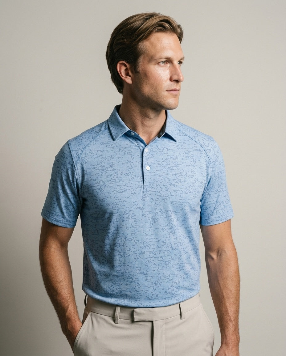 Men's Vieques Polo with SwingFree™ Technology in Blue Print, studio front view
