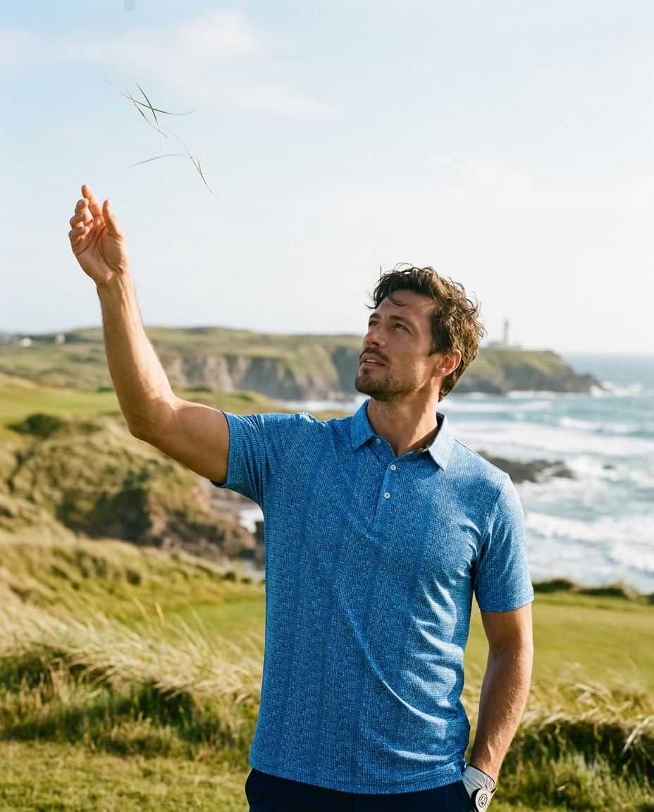 Man in aqua abstract NIAM 3-button polo, lifestyle on course