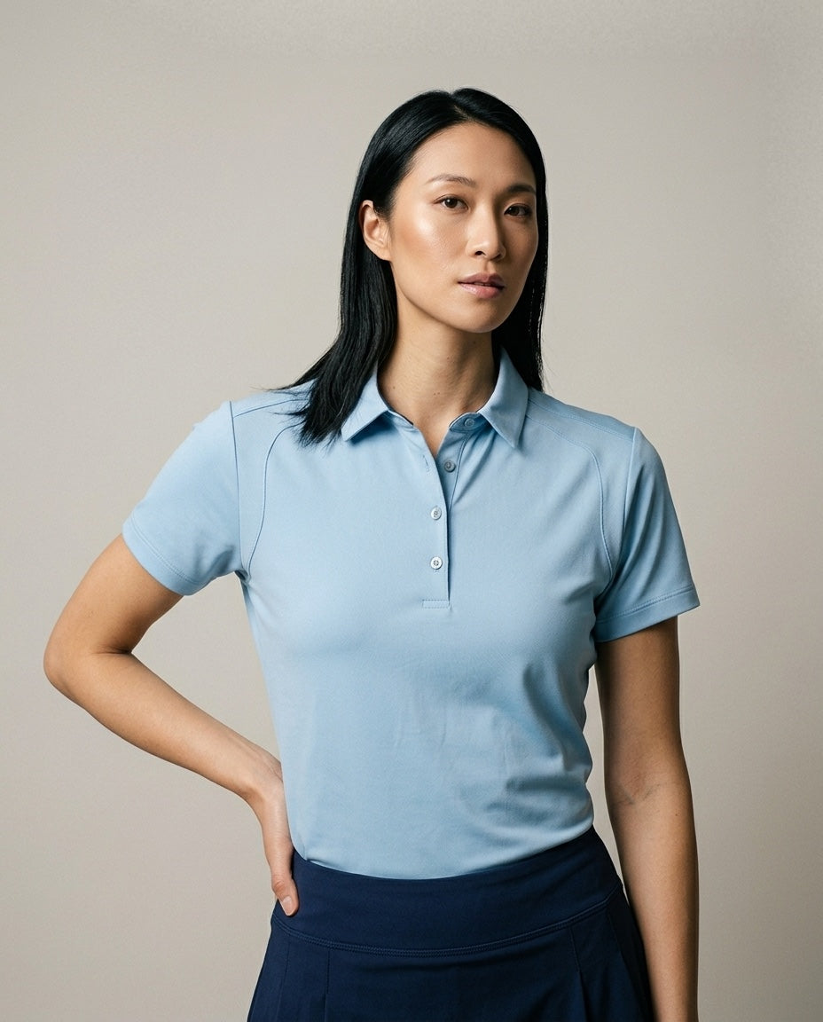 Women's SwingFree™ Performance Polo in Sky Blue, studio front view