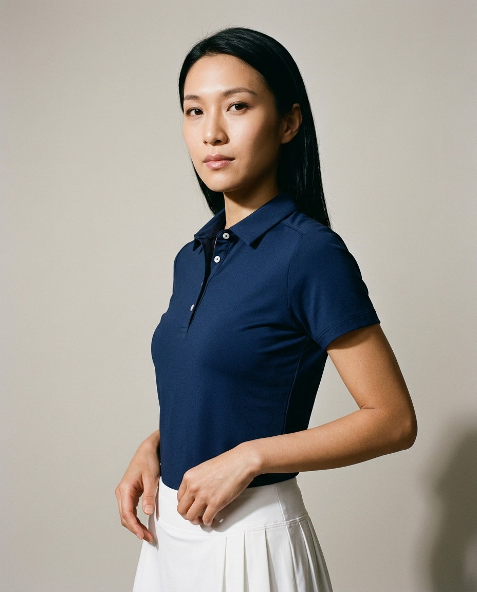 Women's SwingFree™ Performance Polo in Navy, studio three-quarter view