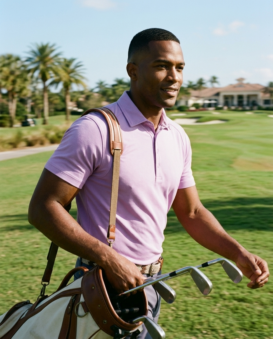 Man in lavender NIAM SwingFree performance polo, lifestyle on course