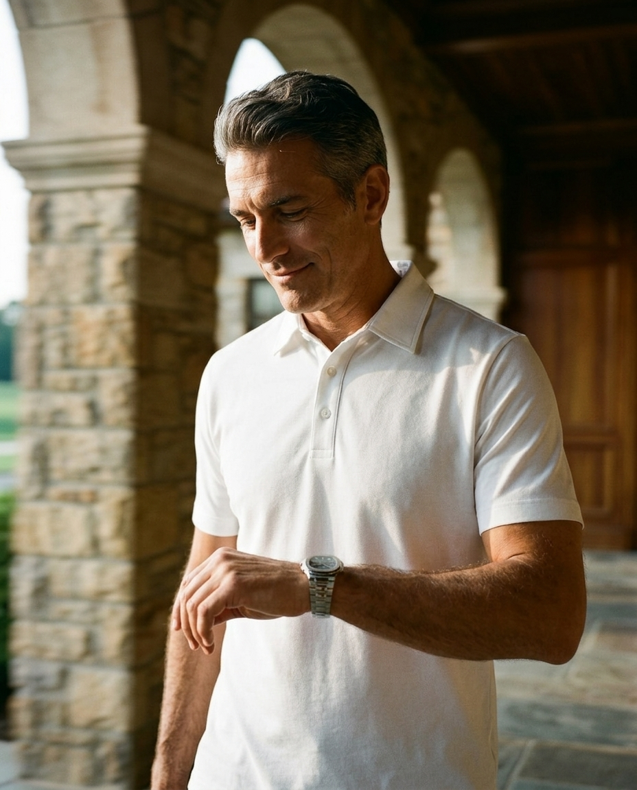 Man in white NIAM 3-button pique polo, lifestyle on course