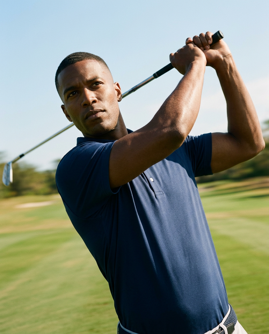 Man in navy NIAM SwingFree performance polo, lifestyle on course